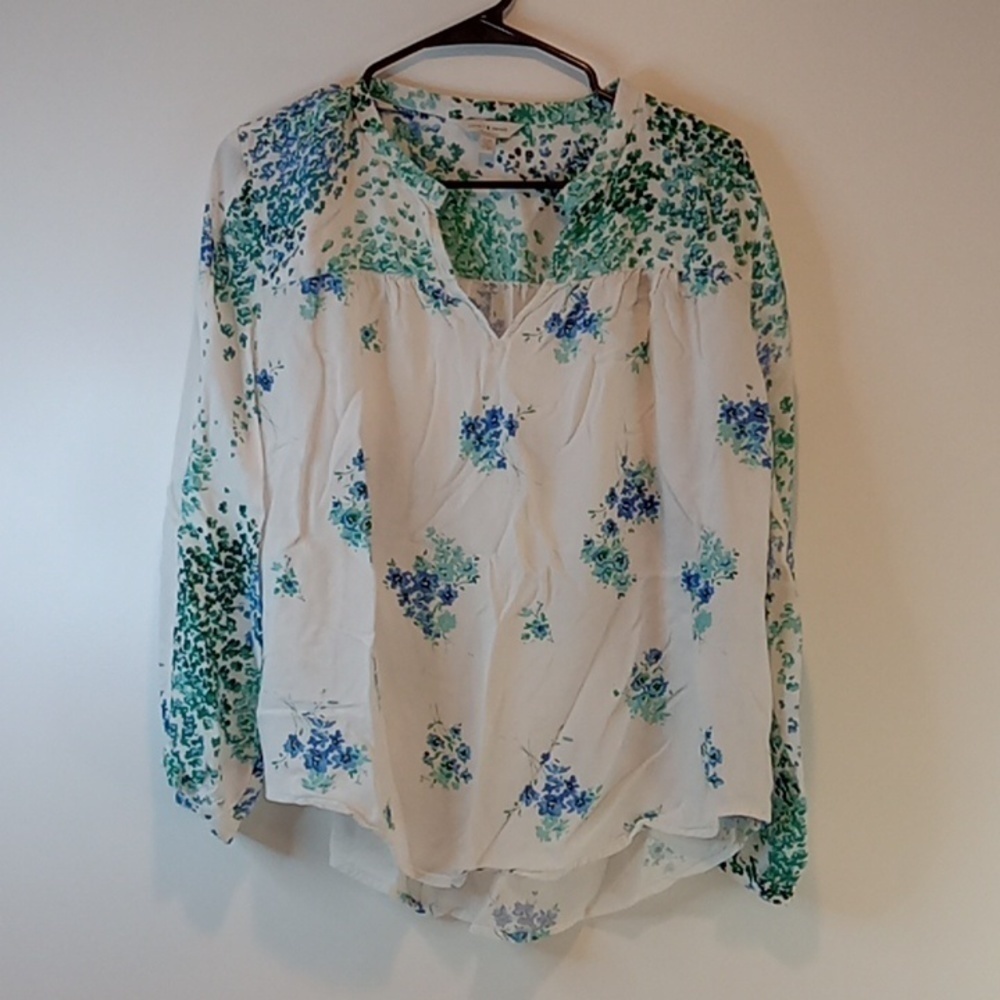 Lucky Brand Floral Print Blouse Top Shirt Women's Sz Large Blue/Green/White EUC!